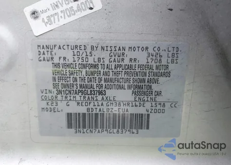 2016 Nissan Versa 1.6 Sv z USA, uszkodzony, nr VIN 3N1CN7AP9GL837963